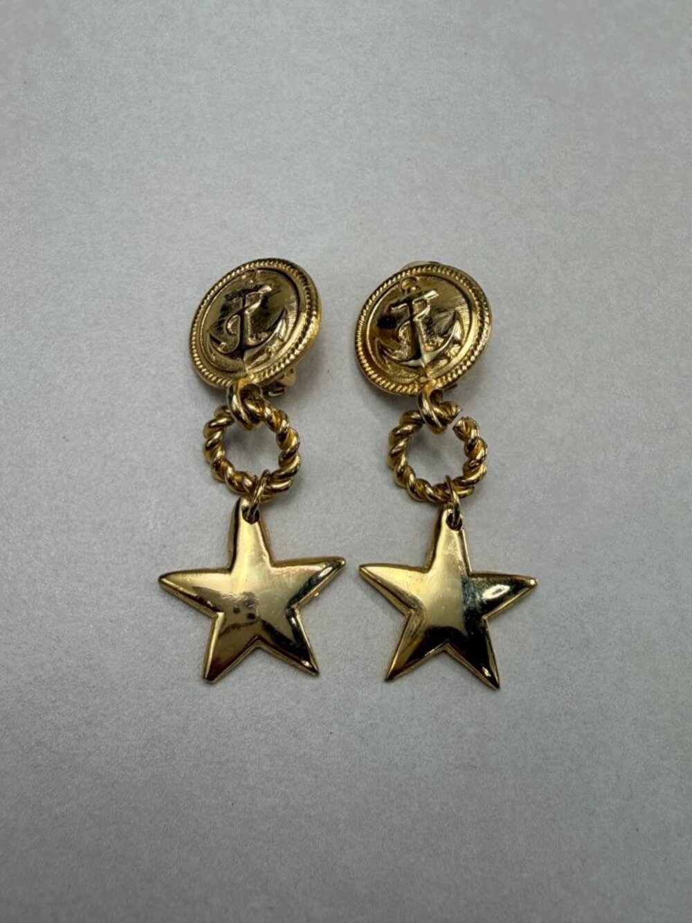 Vintage Nautical Star Drop Earrings Gold Tone Runway Clip On Dauplaise